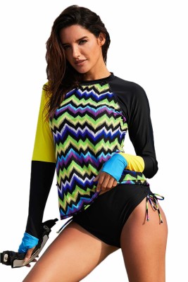 Asymmetric Long Sleeve Printed Rashguard 2pcs Swimsuit