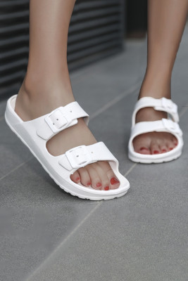 White Two Straps Buckled Sandals