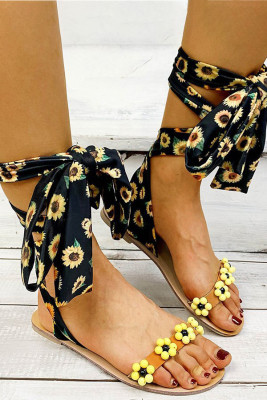 Yellow Floral Printed Straps Open Toe Flat Sandals