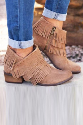 Khaki Low Heel Fringed Ankle Boots