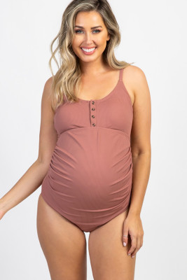Red Ribbed Snap Front One-piece Maternity Swimsuit