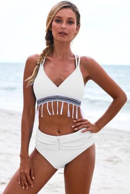 White Strappy Tassel Bowknot Back High Waist Bikini
