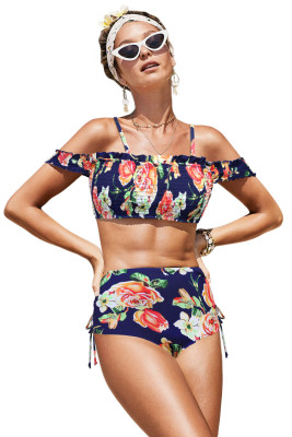 Blue Off-the-shoulder Printed Smocked High Waist Bikini