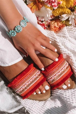 Red Bohemian Flat Open Toe Slipper