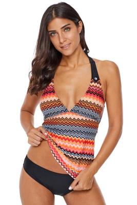 Multicolor Zigzag Print Halter Tankini Swim Top