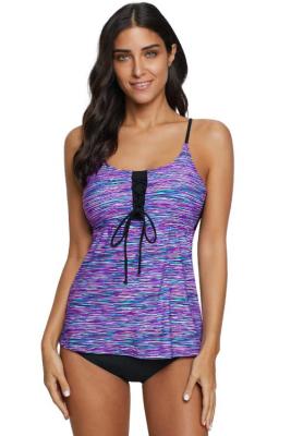 Blue Banded Printed Tankini Top with Triangle Briefs Swimsuit