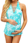 Teal Palms Crisscross Maternity Tankini Halter Top