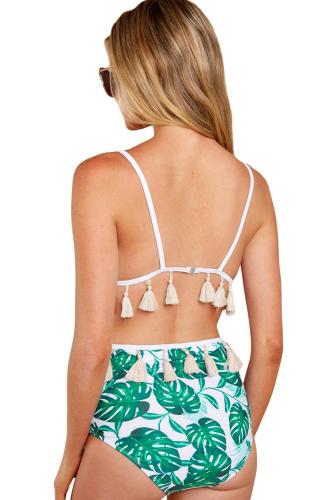 White Tropical Print Tassel High Waist Bikini