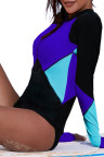 Blue Zip Up Neckline Color Block Rashguard Top