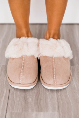 Khaki Fuzzy Suede Winter Slippers