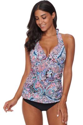 Multicolor Retro Floral Pattern Halter Neck Tankini Swimsuit