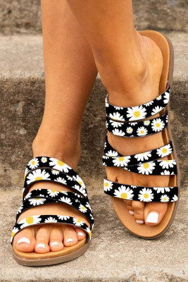 Black Sunflower Slip On Flat Slippers