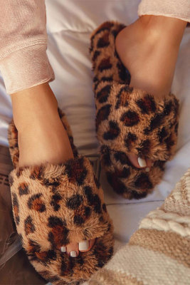 Leopard Print Open Toe Furry Slippers