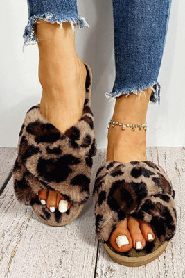 Leopard Cross Band Plush Warm Flat Slippers
