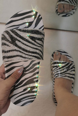 Black White Animal Print Rhinestone Flat Slippers