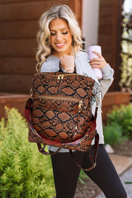 Brown Zipped Snakeskin Pattern PU Backpack