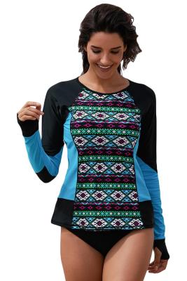 Black Blue Color Block Tribal Print Rashguard Top