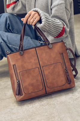 Brown Double Pockets One Shoulder Diagonal PU Handbag