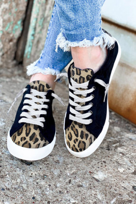 Leopard Lace Up Round Toe Flat Sneakers