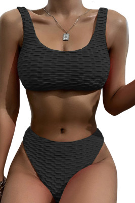 Black Scalloped Edges Ribbed Bikini