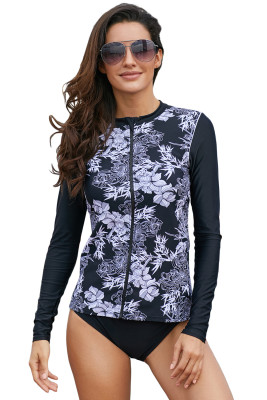 Black White Artistic Lotus Print Long Sleeve Rashguard Top