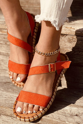 Orange Open Toe One Band Anklet Strap Flat Platform Sandals