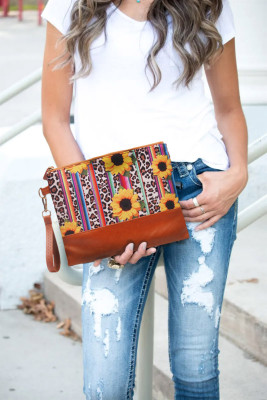 Striped Leopard Sunflower Printed PU Canvas Clutch
