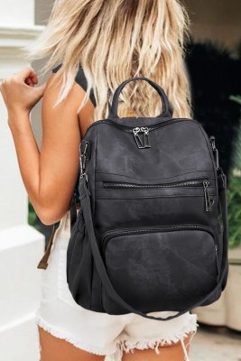 Black PU Zipped Shoulder Bag Backpack