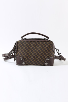 Brown Faux Leather Trim Stitching Damier Print Shoulder Bag