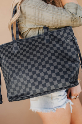Gray Checked Tote Bag with Matching Purse