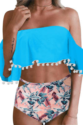 Sky Blue Retro Flounce Tassel Off Shoulder High Waisted Bikini