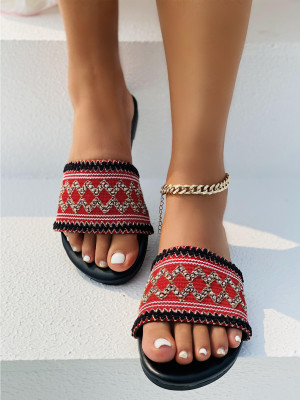 Red Ethnic Style Embroidered Slippers