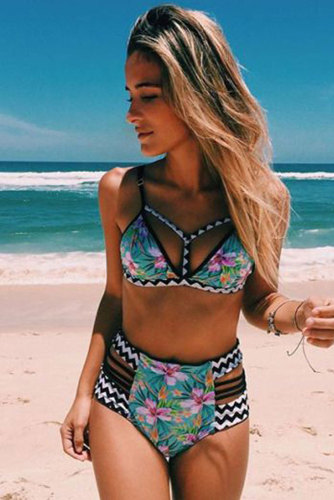Sky Blue Floral Print High Waisted Bikini