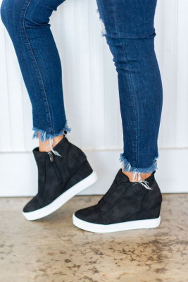 Black Zip Closure Wedge Sneakers