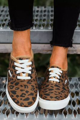 Leopard Lace Up Round Toe Flat Canvas Sneakers