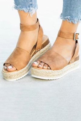 Brown Leopard PU Woven Platform Sandals