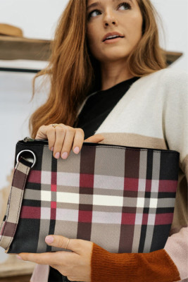 Gray Red Plaid Zipper Handbag