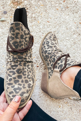 Brown Pointed Leopard Print Colorblock Ankle Boots