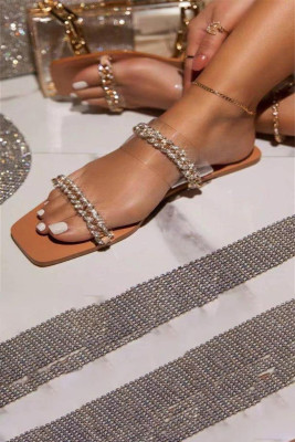 Brown Square-toe Splicing Chain Open-toe Flat Slippers