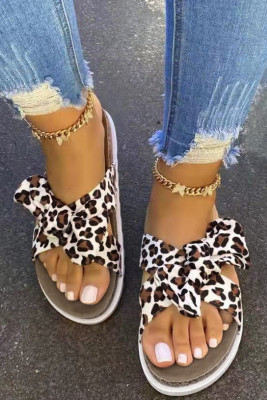 Leopard Print Open Toe Bow Flat Slippers