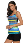 Bluish Zigzag Print Strappy Back Tankini Swimsuit