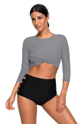 Long Sleeve Striped Crop Top High Waist Bottom Tankini Set
