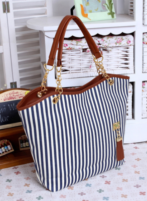 Dark Blue Striped Fringe Handbag