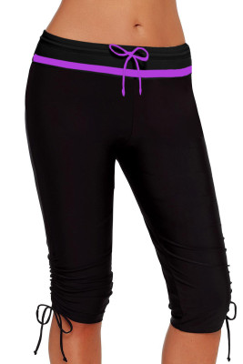 Purple Stripe Mid Waist Skinny Rash Guard Bottom Shorts with Drawstring Ruches