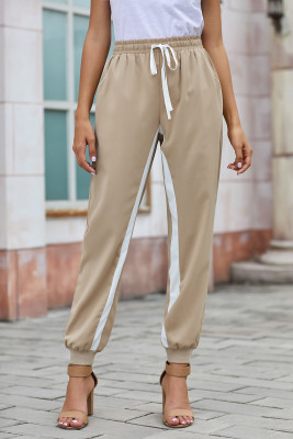 Khaki Casual Striped Drawstring Pants