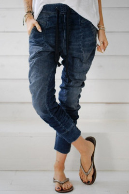 Dark Blue Drawstring Elastic Waist Jogger Jeans