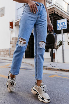 Blue High Waist Ripped Straight Leg Jeans