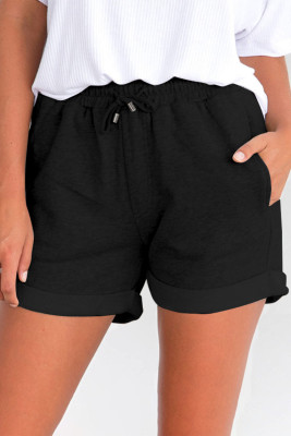 Black Tie Waist Side Pockets Cuffed Lounge Shorts