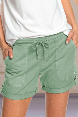 Green Elastic Waistband Pocket Drawstring Shorts with Button