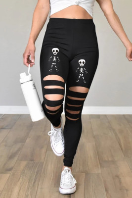 Black Cut-out Skeleton Print Halloween Leggings